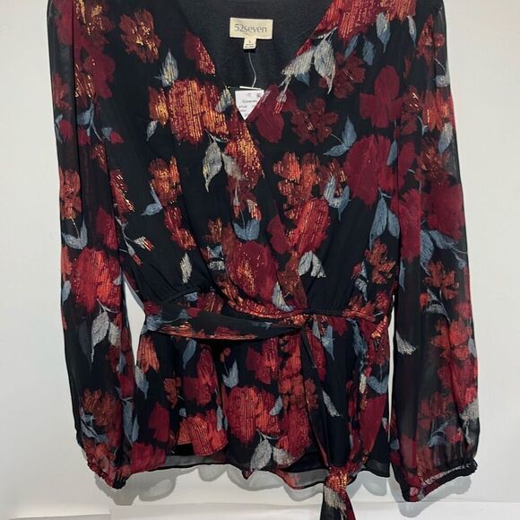 52seven Tops - 52seven Women's Multicolor Floral Tie Waist Long Sleeve Blouson Blouse Large NWT